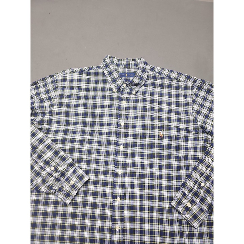 Ralph Lauren Shirt "Mens Big 2XB" Blue Plaid Long Sleeve Button-Down Cotton